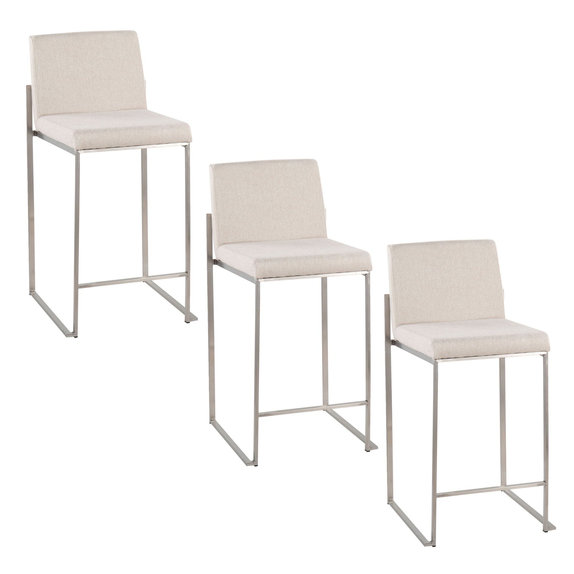 Three Fuji Contemporary High Back Counter Stools with beige upholstered seats, sleek metal legs, and footrests are arranged in a staggered formation against a white background.