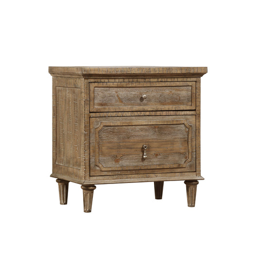 The Ludin 2 Drawer Nightstand in taupe features a rustic wooden design, two drawers with metal knobs, four tapered legs, and a weathered textured finish for a vintage look.