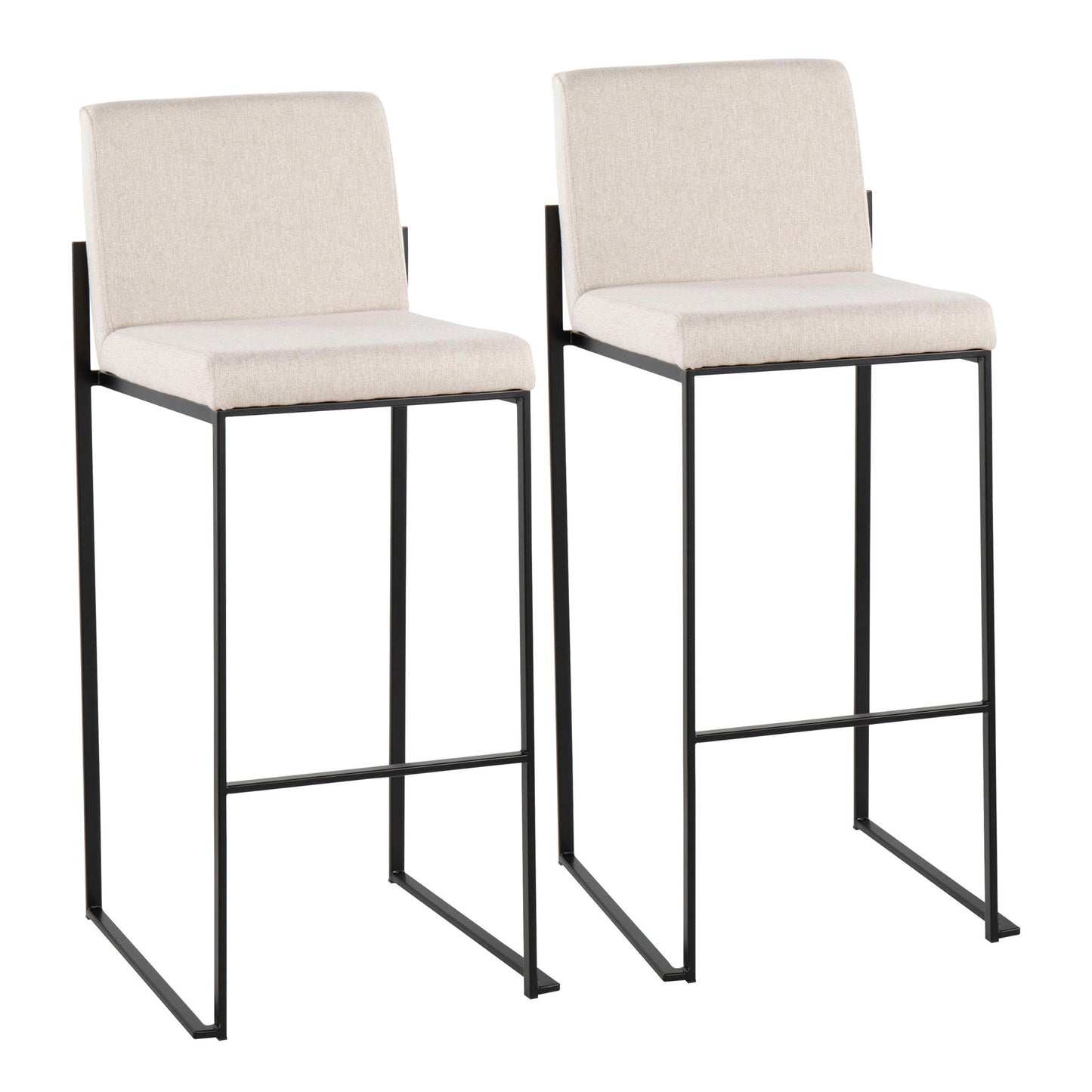 Set of two Fuji Contemporary High Back Barstools with beige upholstered seats and backs, black metal frames, footrests, and a minimalist design featuring straight lines and open space beneath the seats.