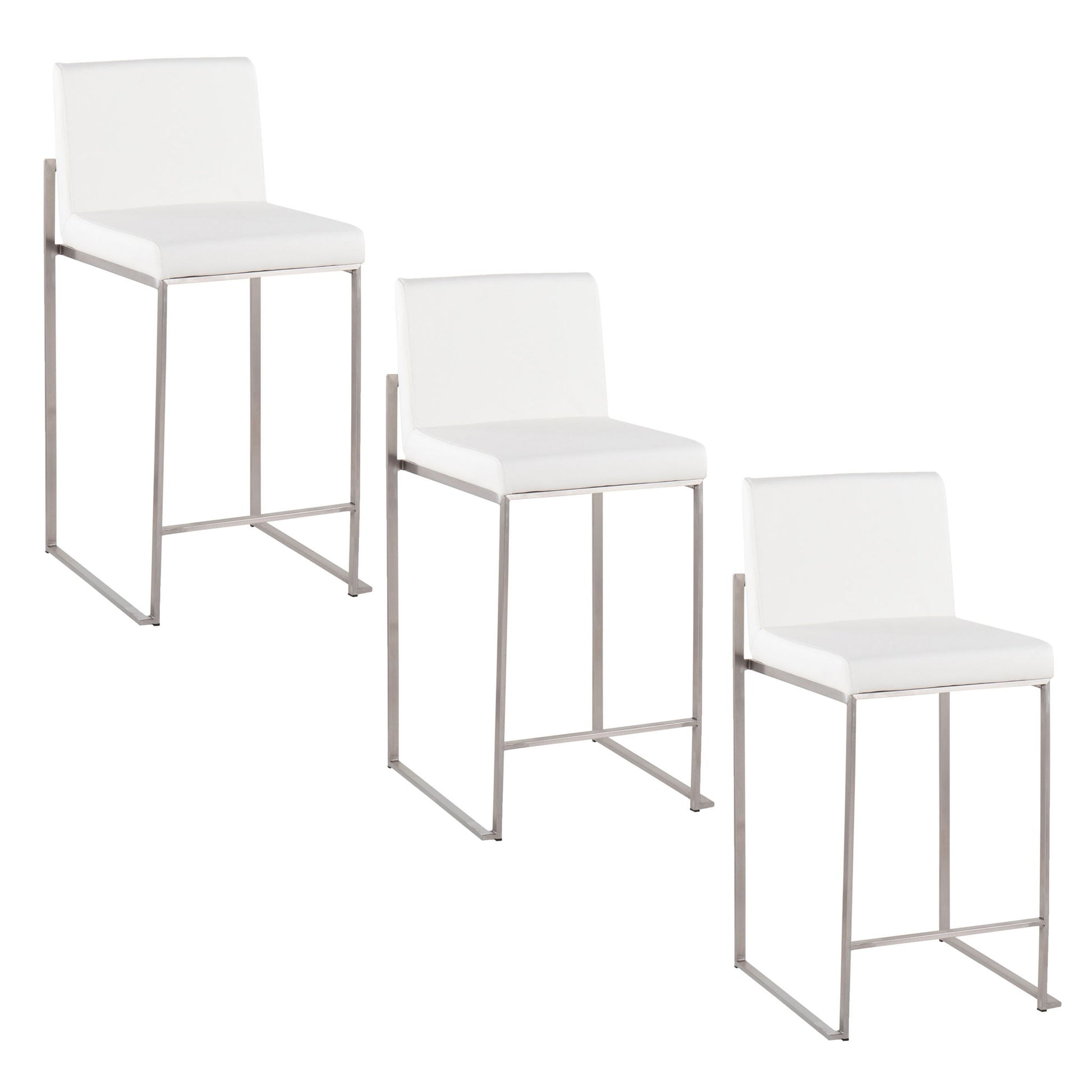 Three Fuji Contemporary High Back Counter Stools, featuring white cushioned seats and backs with sleek metal frames, are arranged in a staggered formation on a plain white background.