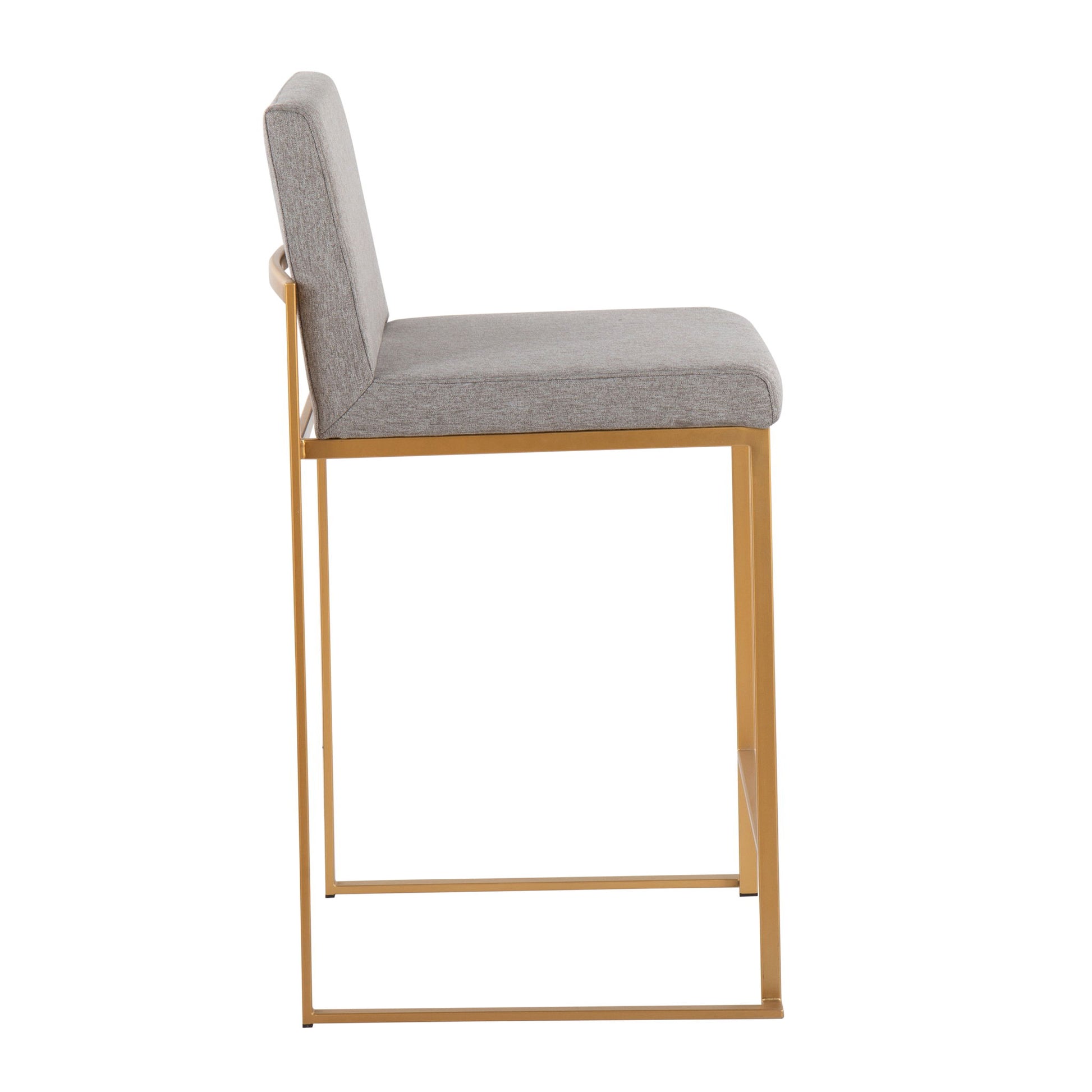 Side view of the Fuji - Contemporary High Back Stylish Counter Stool, featuring a light gray cushioned seat and backrest on a minimalist gold metal frame.