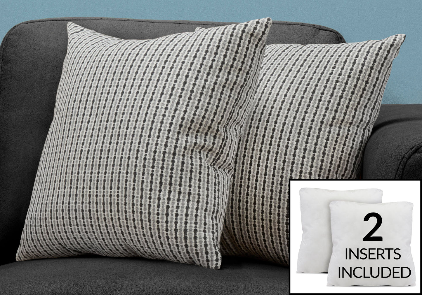 Two square decorative throw pillows with patterns rest on a dark gray sofa, inset shows two plain white hypoallergenic pillow inserts and text: "2 inserts included.