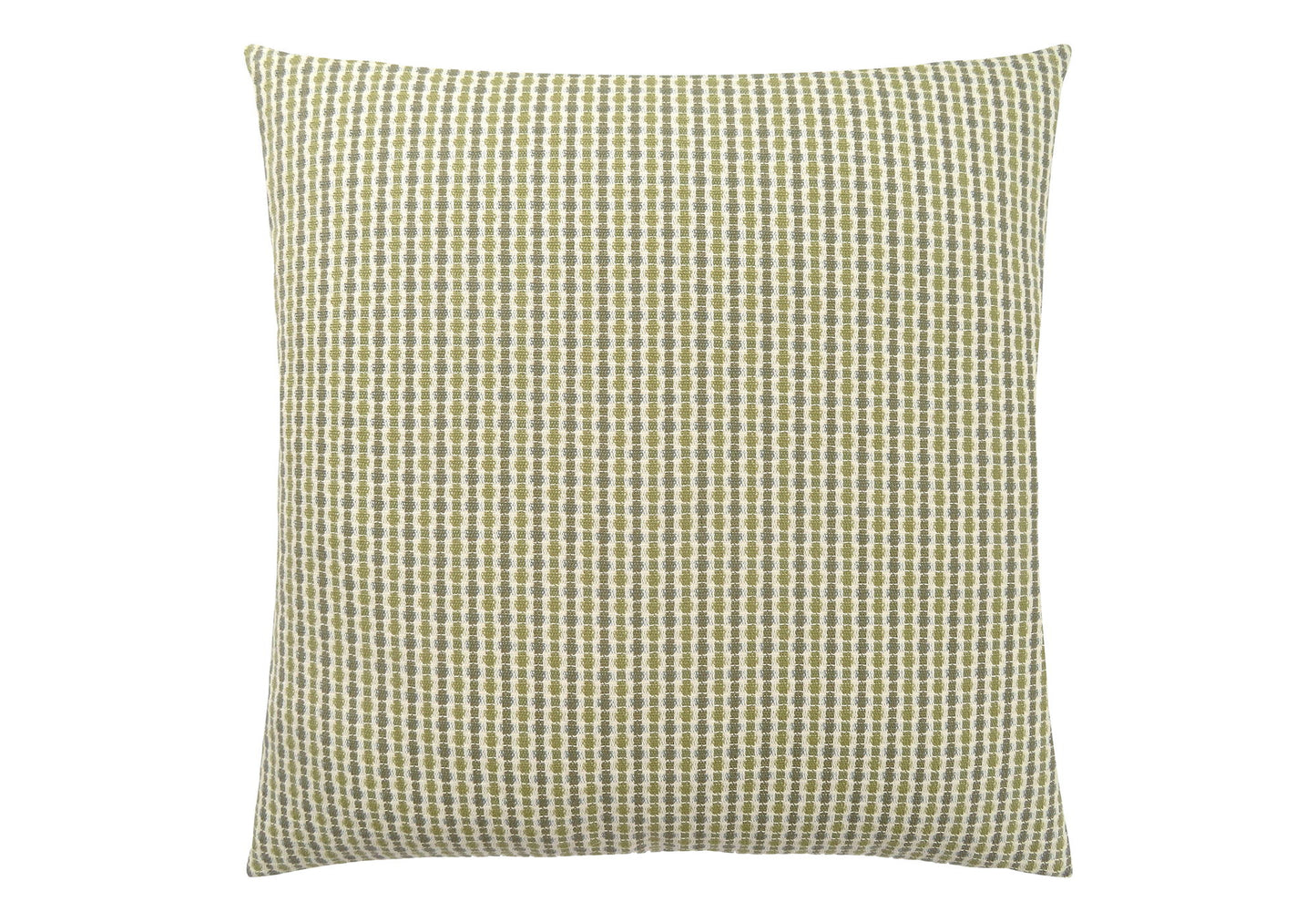 The Square Decorative Throw Pillow features a textured, woven cover with a pattern of greenish-yellow and off-white geometric shapes. Hypoallergenic insert included. Photographed against a white background.