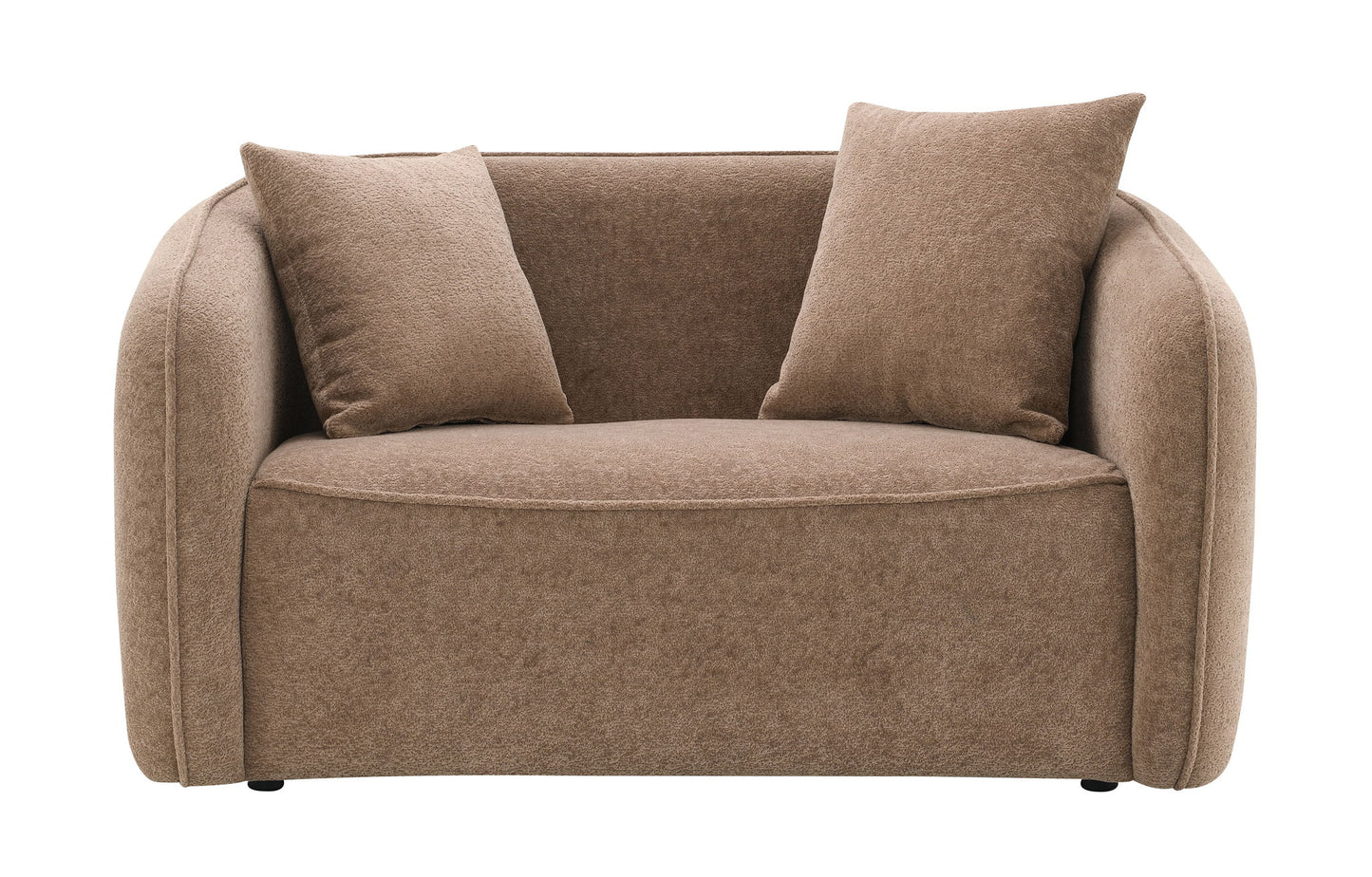 The Keith Chenille Loveseat, shown from the front against a white background, features light brown upholstery, curved armrests, a minimalist design, and includes two matching color toss pillows.