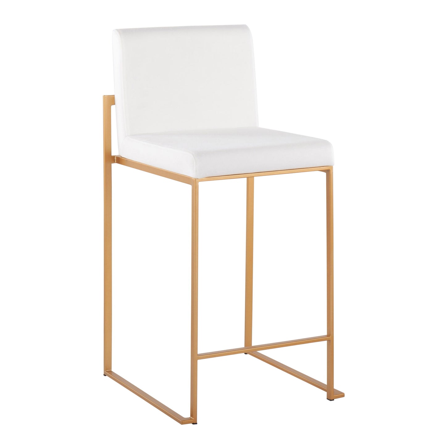 The Fuji - Contemporary High Back Stylish Counter Stool features a white cushioned seat and backrest, a sleek gold metal frame with open sides, shown against a plain white background.