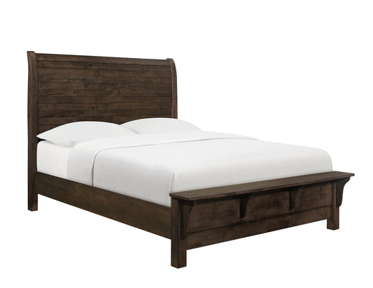 The Verna Sleigh Bed features a high, slatted headboard, a bench at the foot, dark wood finish, and white bedding with two pillows.