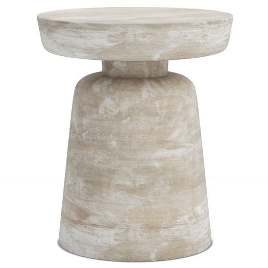 The Robbie Handcrafted Accent Table is a small, round side table with a thick circular top, tapered base, modern minimalist design, and smooth stone-like light beige finish.