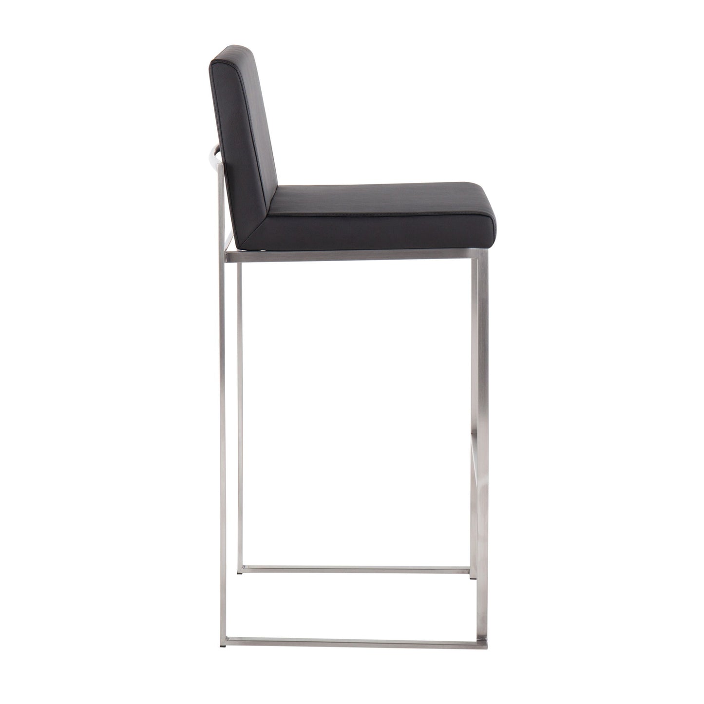 Side view of the Fuji - Contemporary And Modern Elegance High Back Barstool, featuring a sleek metal frame and black cushioned seat and backrest. The minimalistic design showcases straight lines and a modern look.