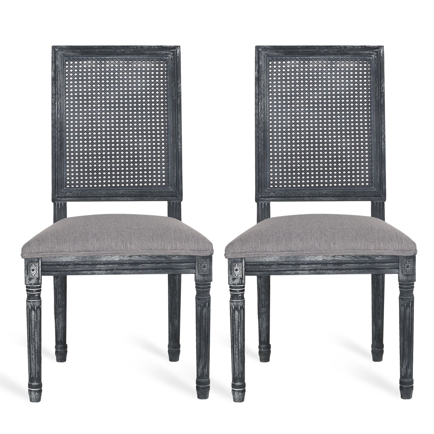 Pair of French Country Dining Chairs with rectangular cane backrests and smooth upholstered seats, featuring distressed dark wooden frames, shown facing forward on a white background.