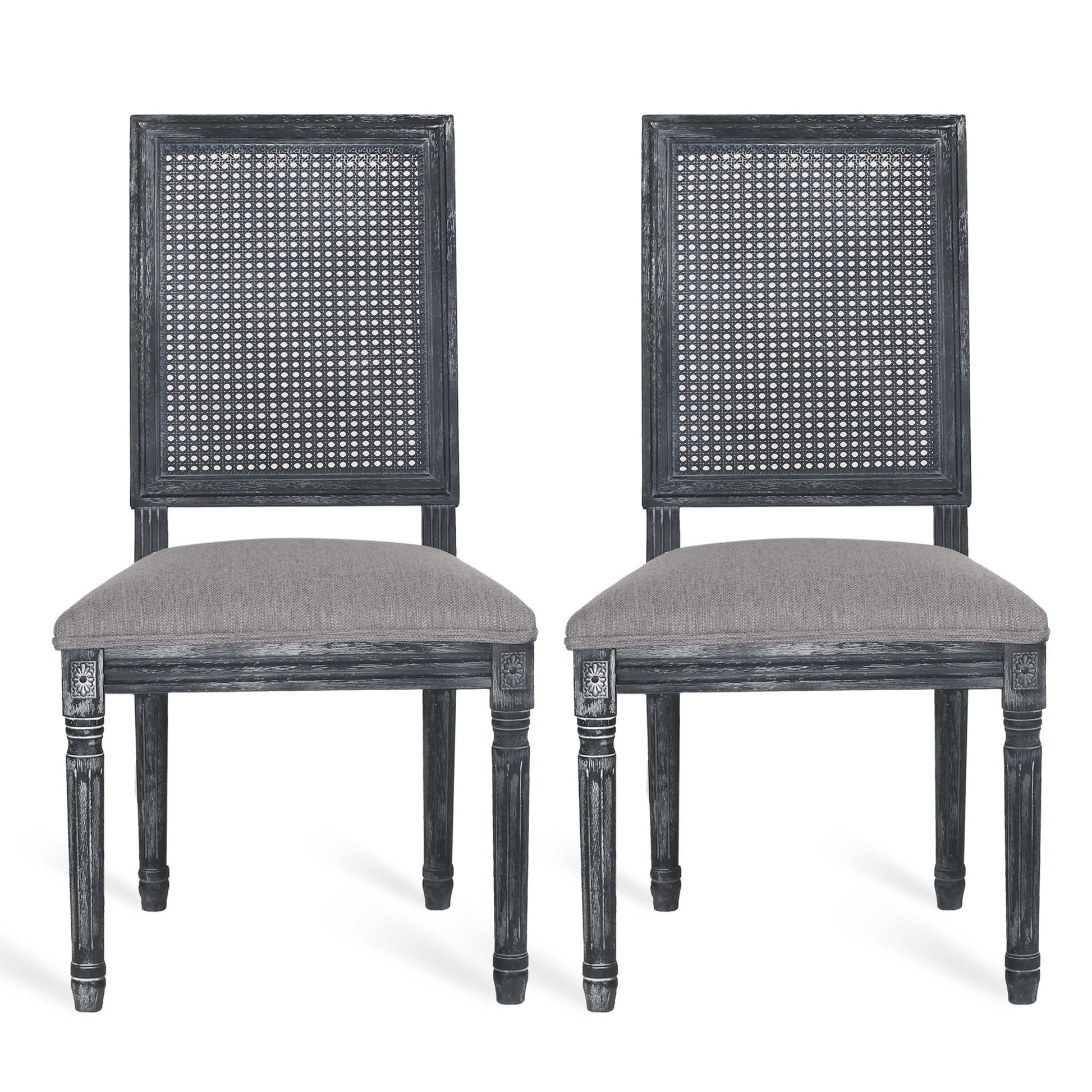 Pair of French Country Dining Chairs with rectangular cane backrests and smooth upholstered seats, featuring distressed dark wooden frames, shown facing forward on a white background.