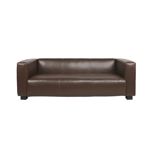 The Contemporary 3 Seater Sofa With Tuxedo Design features a modern, dark brown leather finish, wide armrests, and a boxy silhouette, shown against a plain white background.
