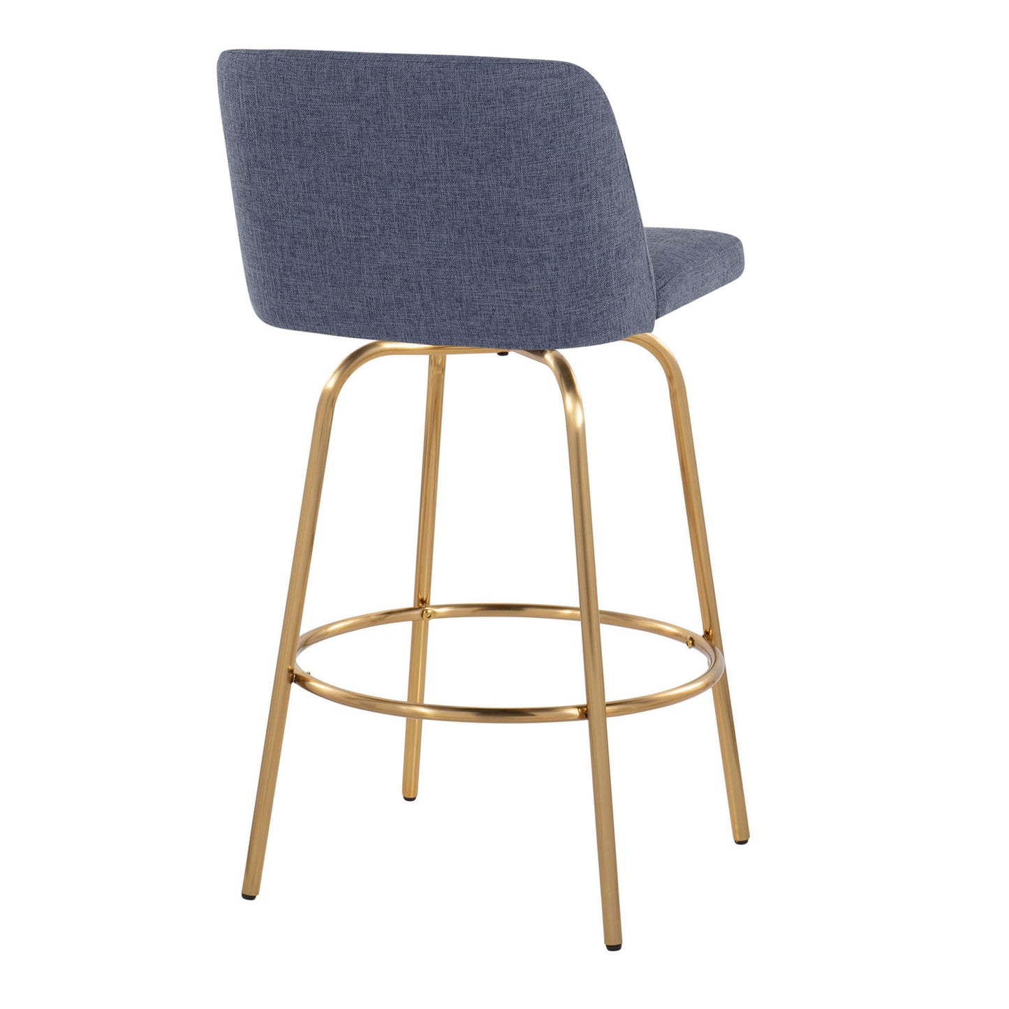 The Toriano set includes two contemporary fixed-height counter stools, each with a blue upholstered seat and backrest, gold-colored metal legs, and a round footrest. Swivel feature included for added comfort.