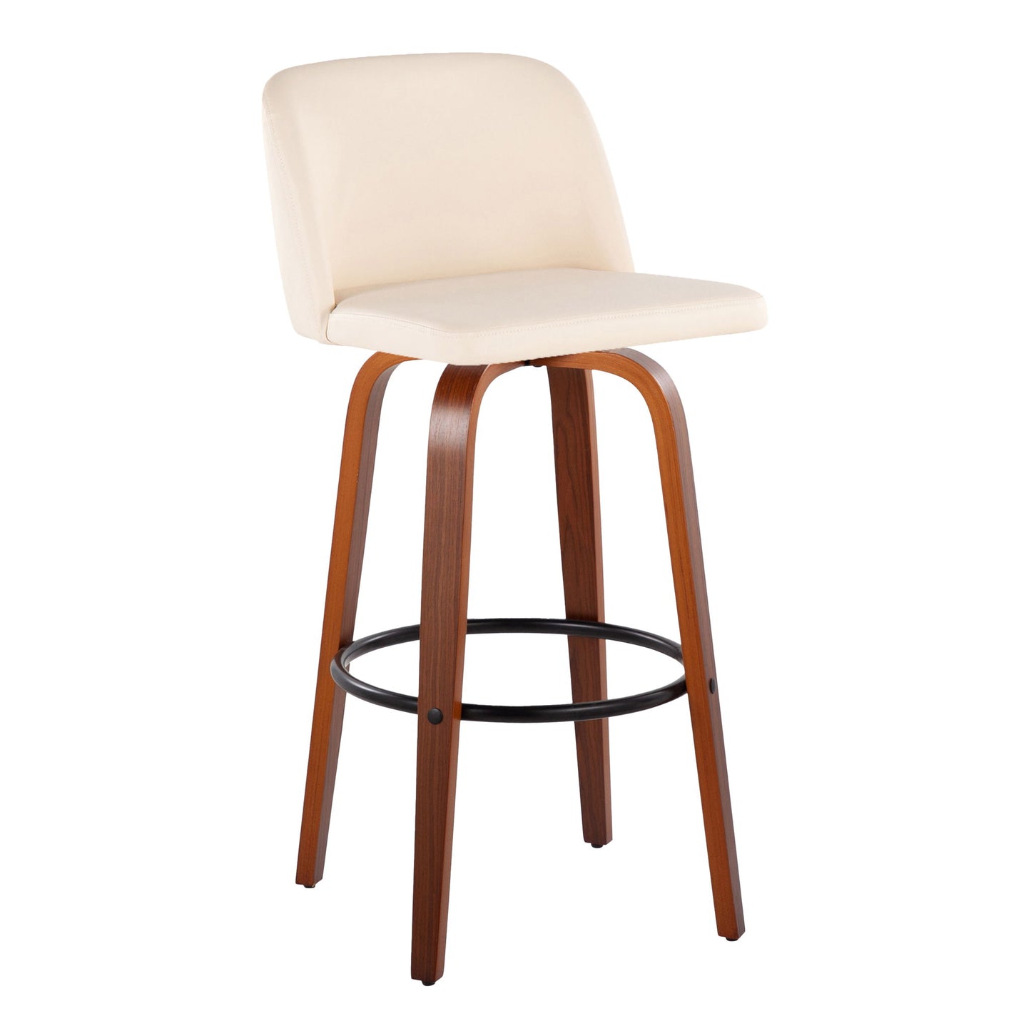 The Toriano Barstool set features a mid-century modern design with cream cushioned seat and backrest, angled wooden legs, and a round black metal footrest. Set of 2 with fixed height and swivel function.