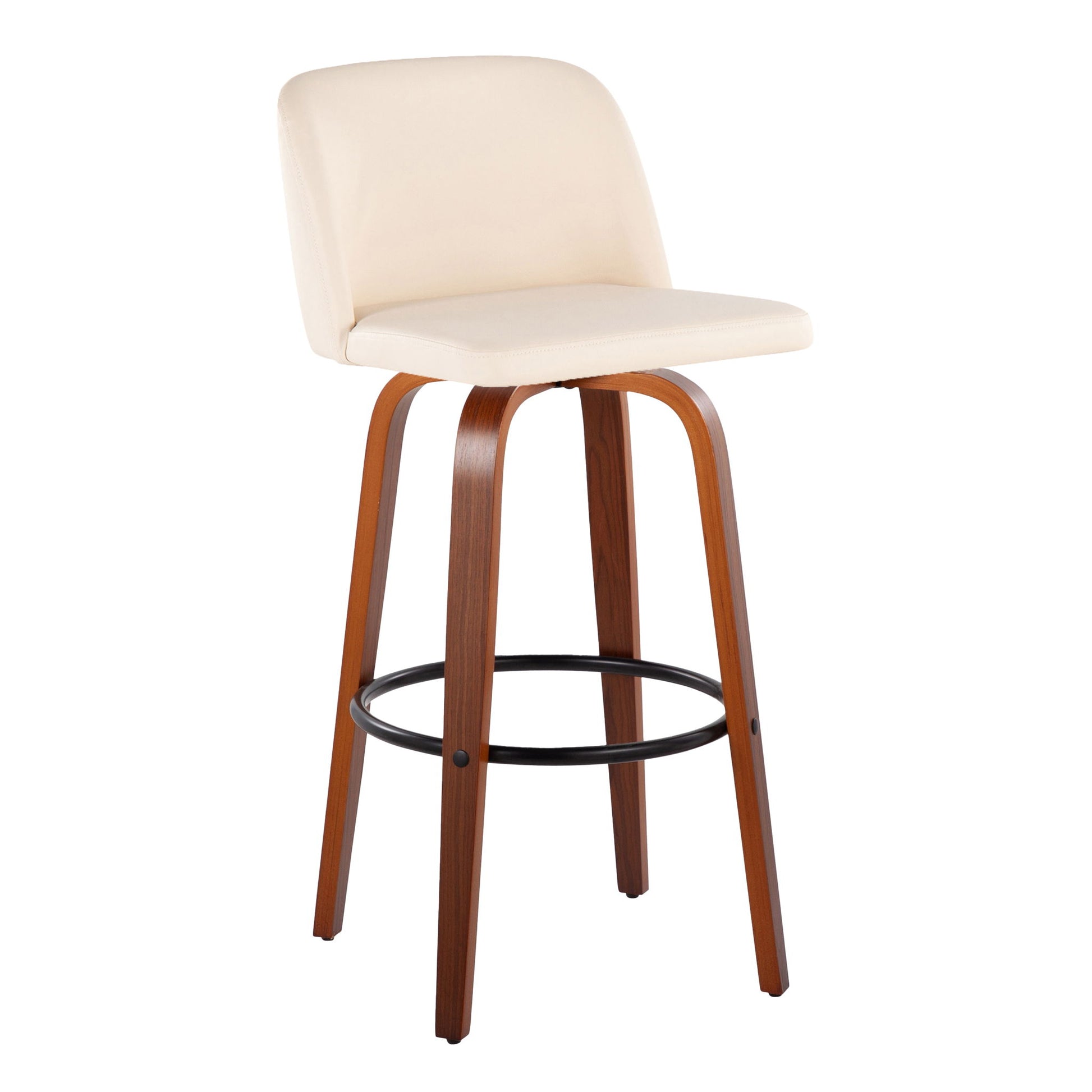 The Toriano Barstool set features a mid-century modern design with cream cushioned seat and backrest, angled wooden legs, and a round black metal footrest. Set of 2 with fixed height and swivel function.