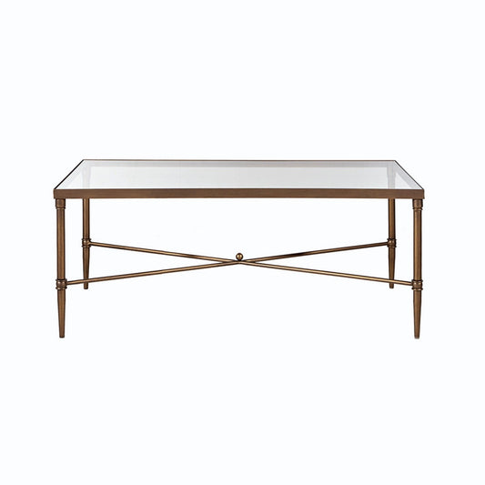 The Metal Rectangle Coffee Table With Tempered Glass Top - Bronze features a metallic bronze frame, four slender legs, and an X-shaped crossbar for support, shown against a plain white background.