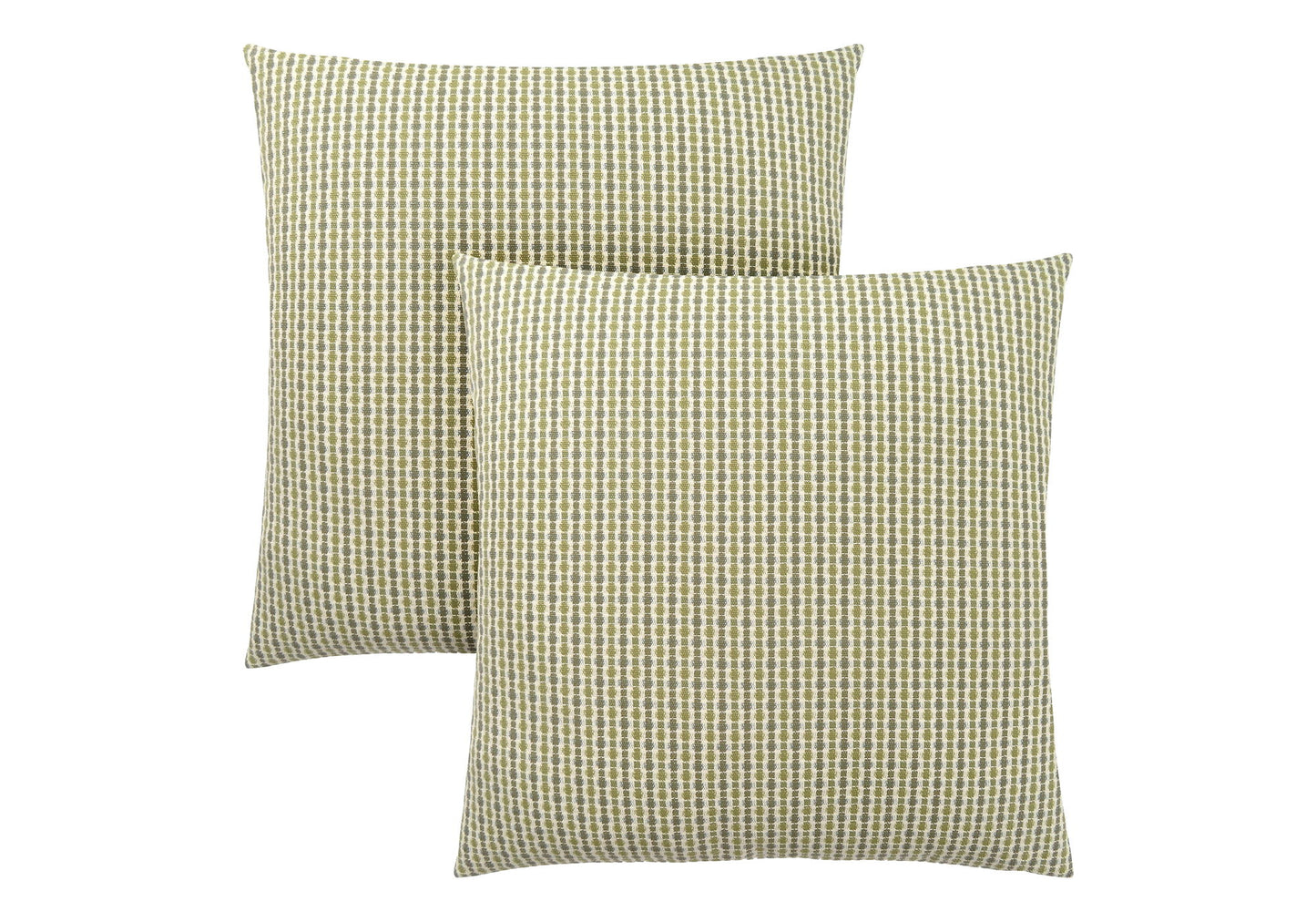Two square decorative throw pillows with inserts, featuring a small checked pattern in beige and gray, overlap on a white background. Hypoallergenic design.