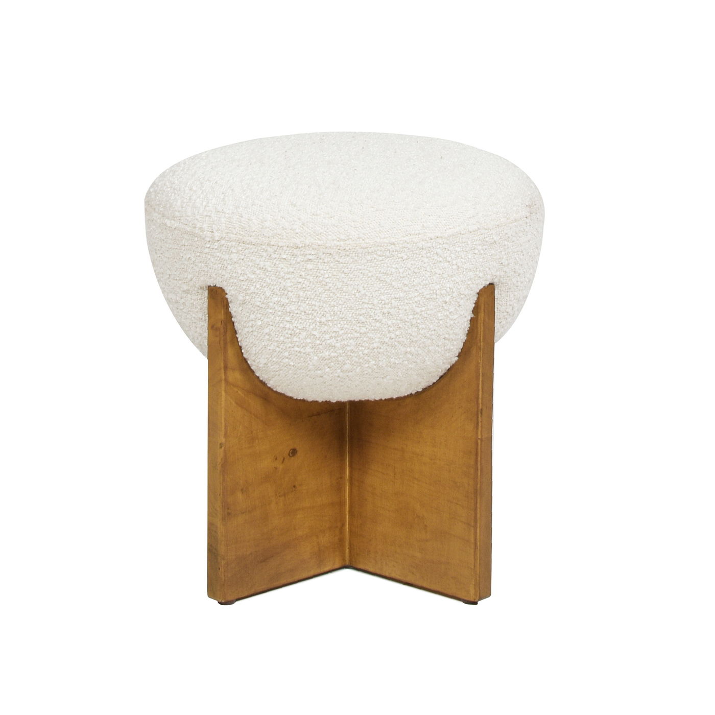 The Bali - Round Upholstered Ottoman features a white textured fabric top and a wooden X-shaped base, blending modern and rustic styles. It's shown against a plain white background.