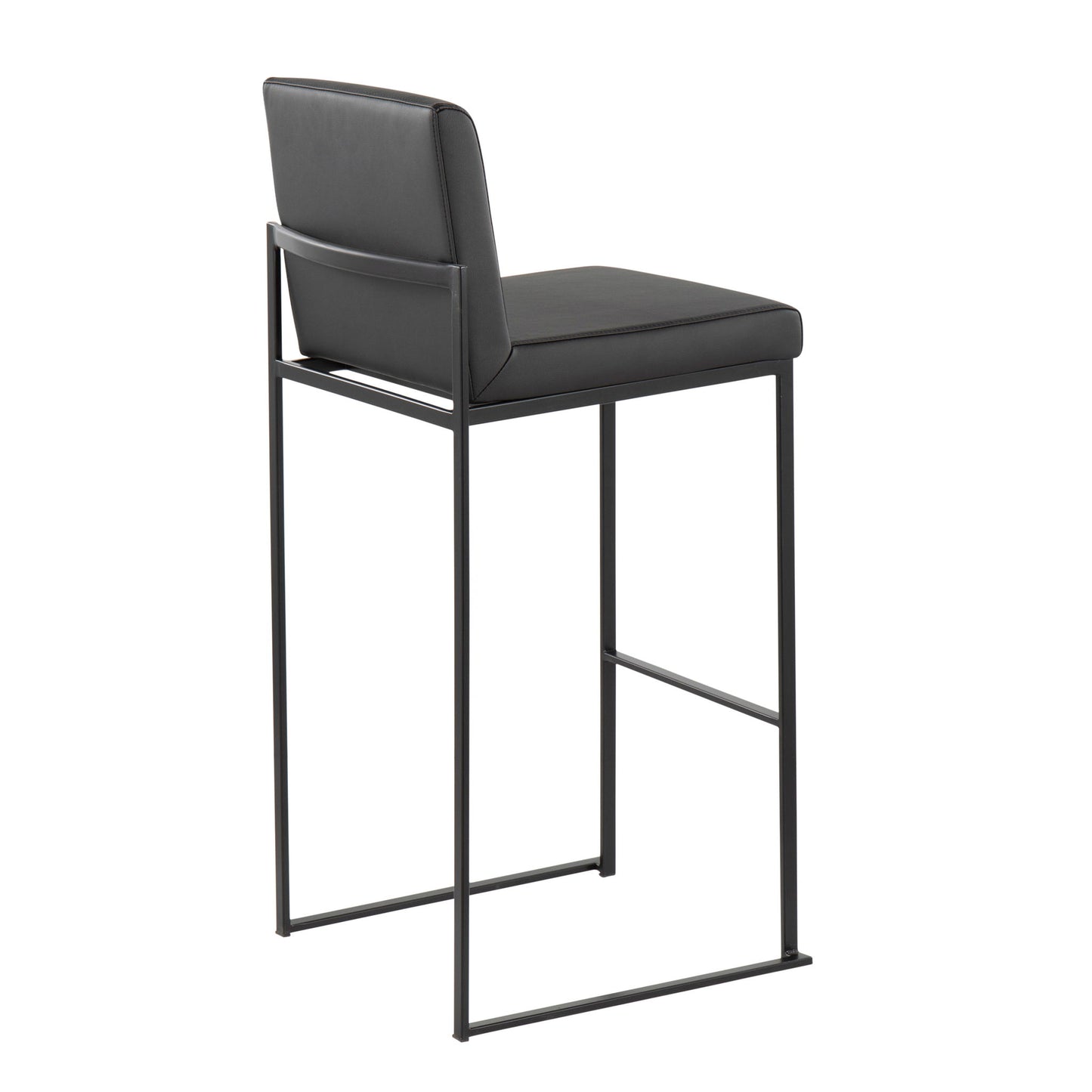 The Fuji - Contemporary High Back Barstool features a sleek black cushioned seat and backrest, supported by a minimalist metal frame with thin legs and a footrest for an elegant, modern look.