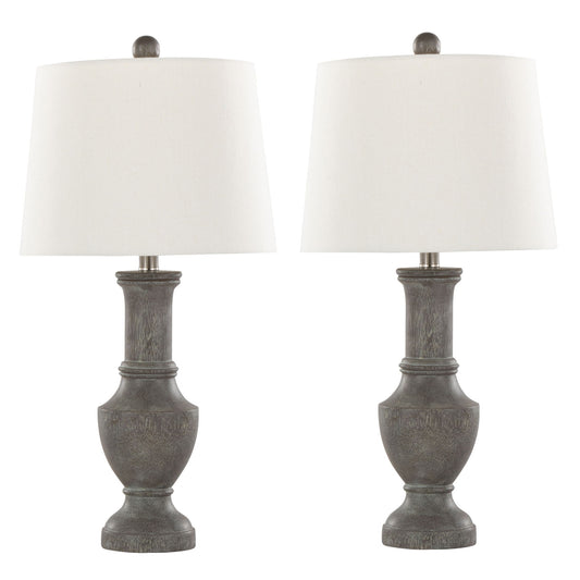 The Chateau Contemporary Table Lamp set features two lamps with acid griffin and nickel textured bases and white cylindrical fabric shades, shown side by side against a white background.