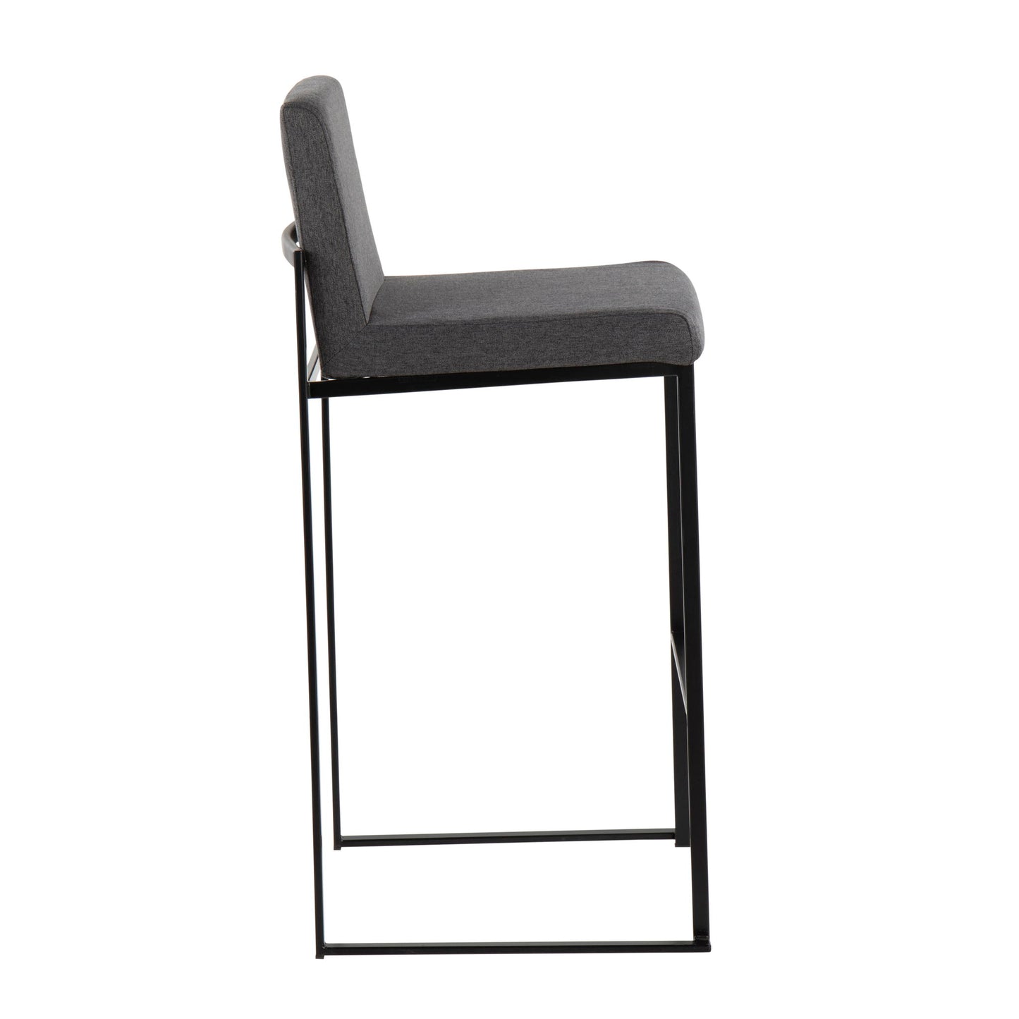 Side view of the Fuji Contemporary High Back Barstool, featuring an elegant dark gray cushioned seat and backrest, supported by a sleek black metal frame, shown on a white background.