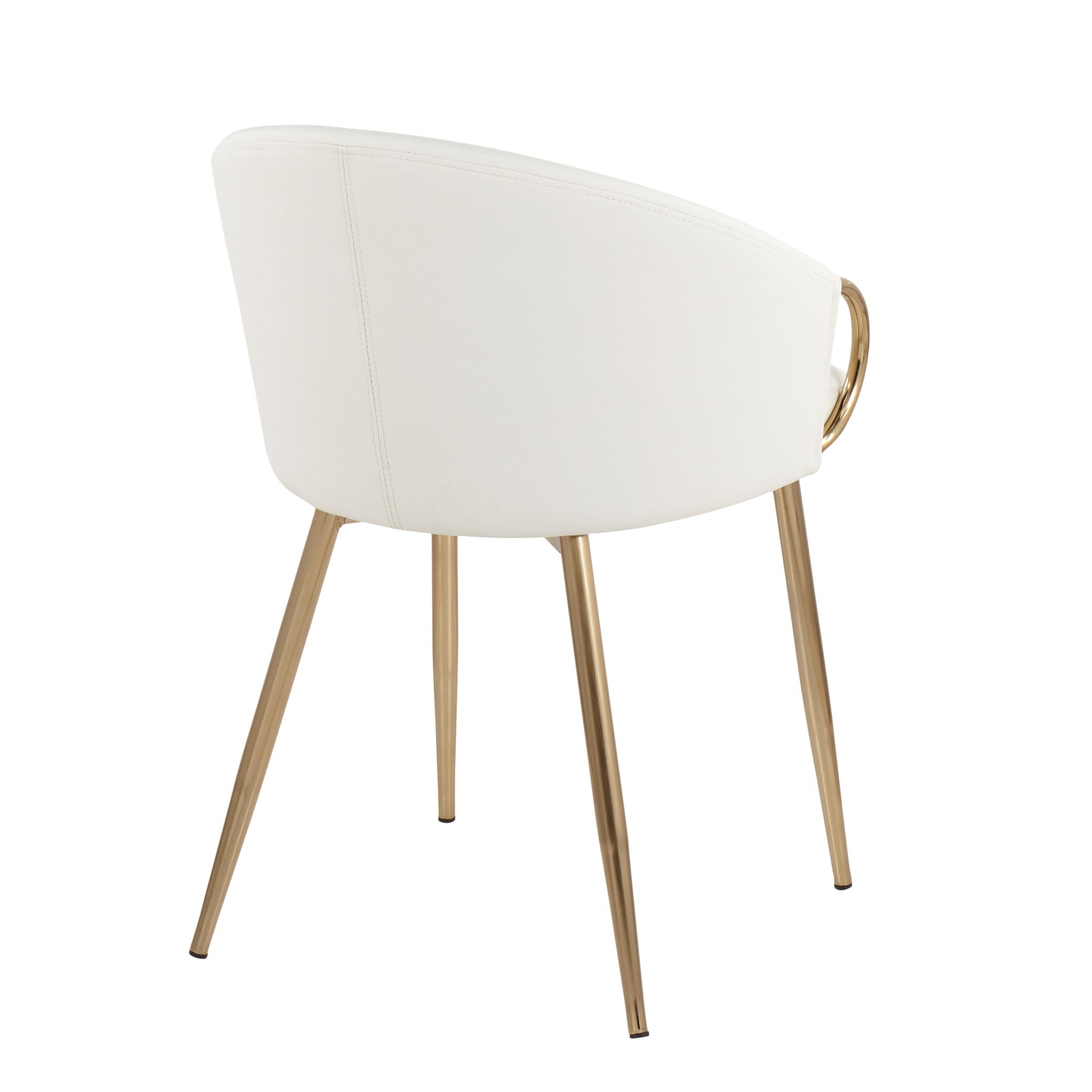 The Claire - Contemporary Glam Chair features a white curved backrest, gold metal legs, and a circular gold handle on the back, shown against a white background.