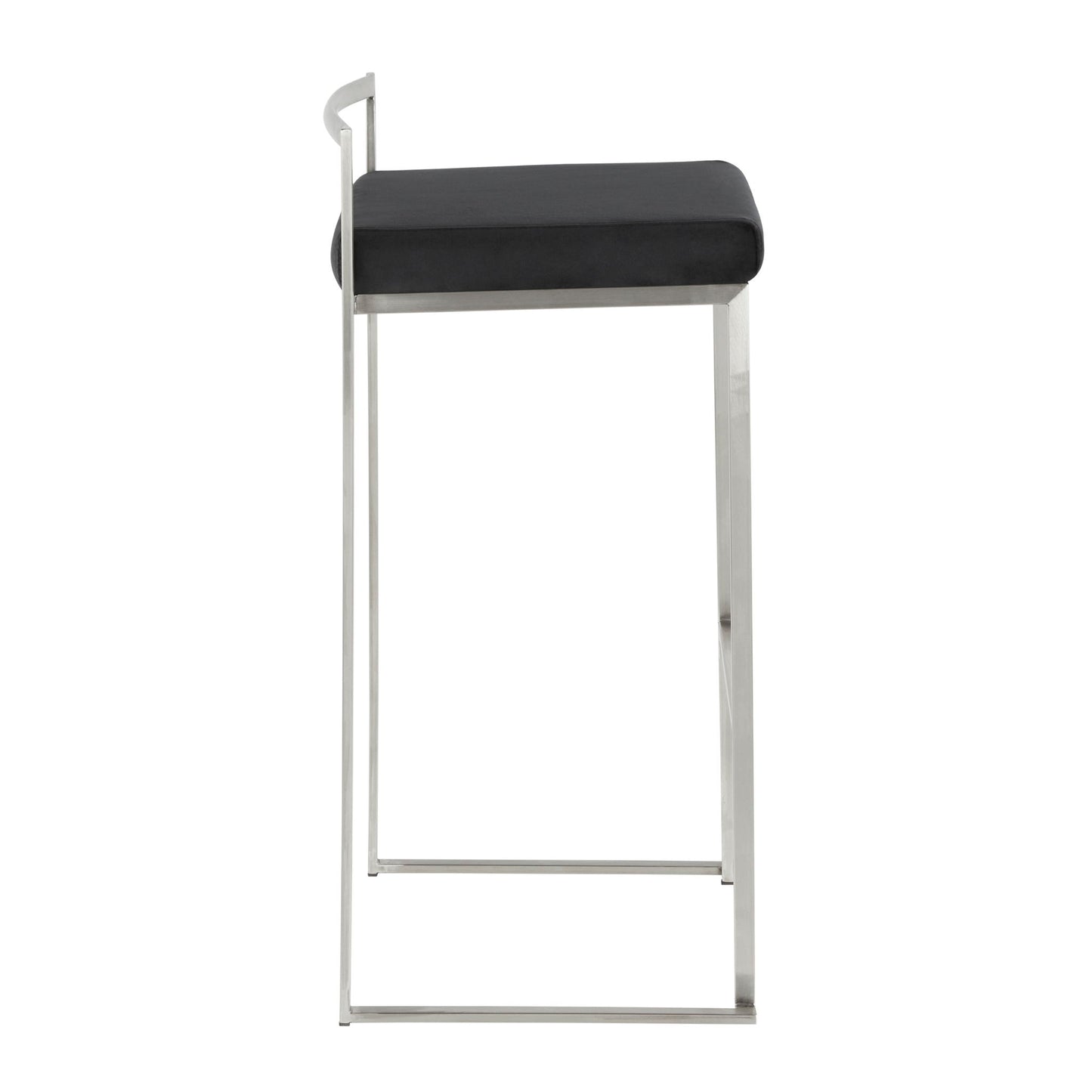 Side view of the Fuji Stackable Barstool, featuring a contemporary design with a thin metal frame, low backrest, and black cushioned seat.