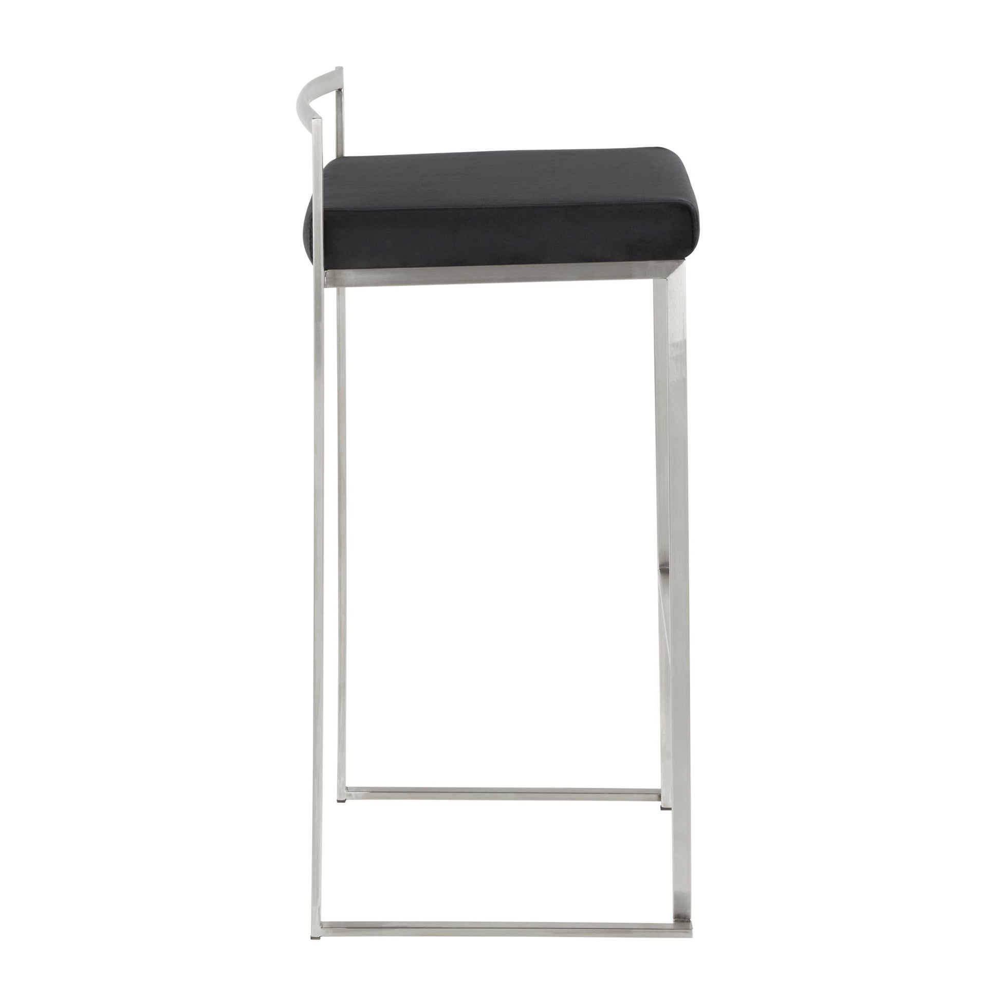 Side view of the Fuji Stackable Barstool, featuring a contemporary design with a thin metal frame, low backrest, and black cushioned seat.