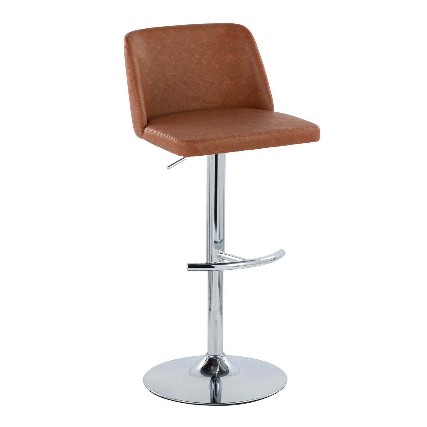 The Toriano Contemporary Adjustable Barstool (Set of 2) features a brown cushioned seat and backrest, chrome base, adjustable height lever, swivel design, and a rounded T footrest.