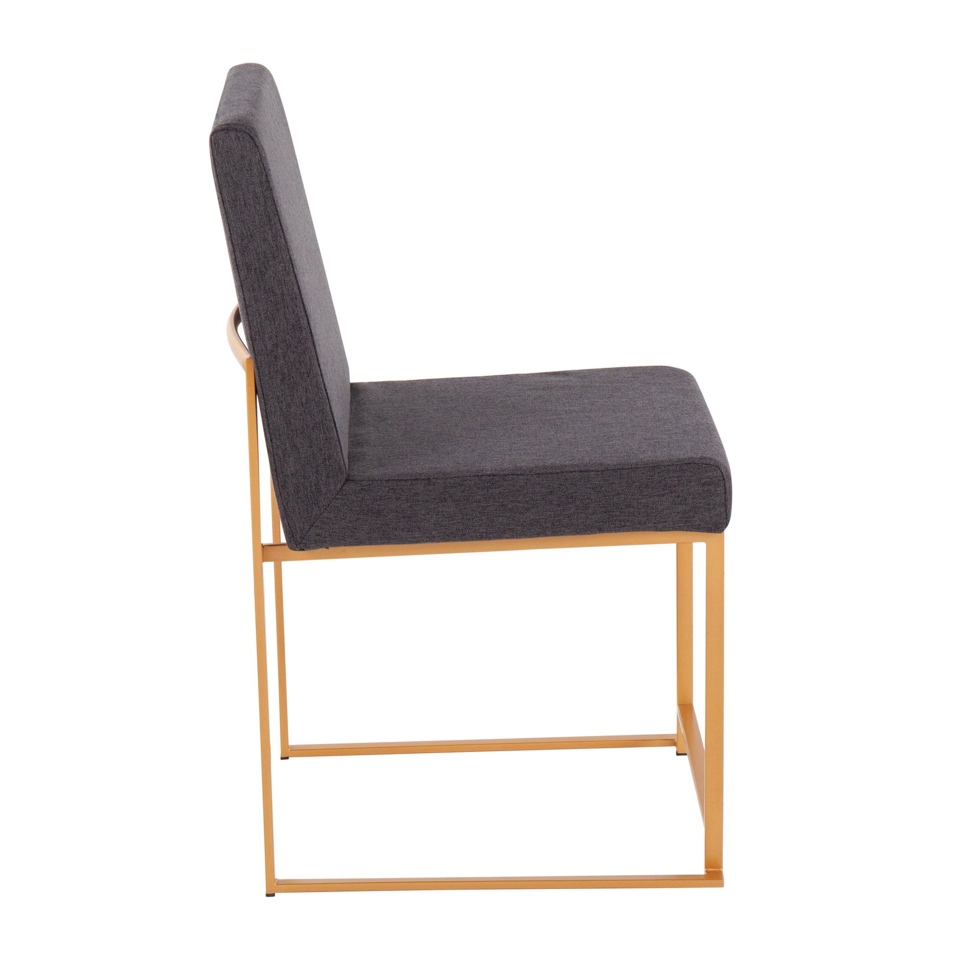 Side view of the Fuji dining chair set featuring a contemporary gold metal frame with straight lines and a high back, complemented by dark gray upholstered seats and backrests.