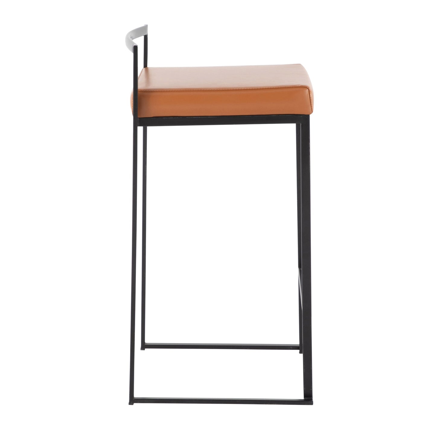 Side view of the Fuji Contemporary Stackable Counter Stool, featuring a tan cushioned seat, slim black metal frame, and minimalist low backrest.