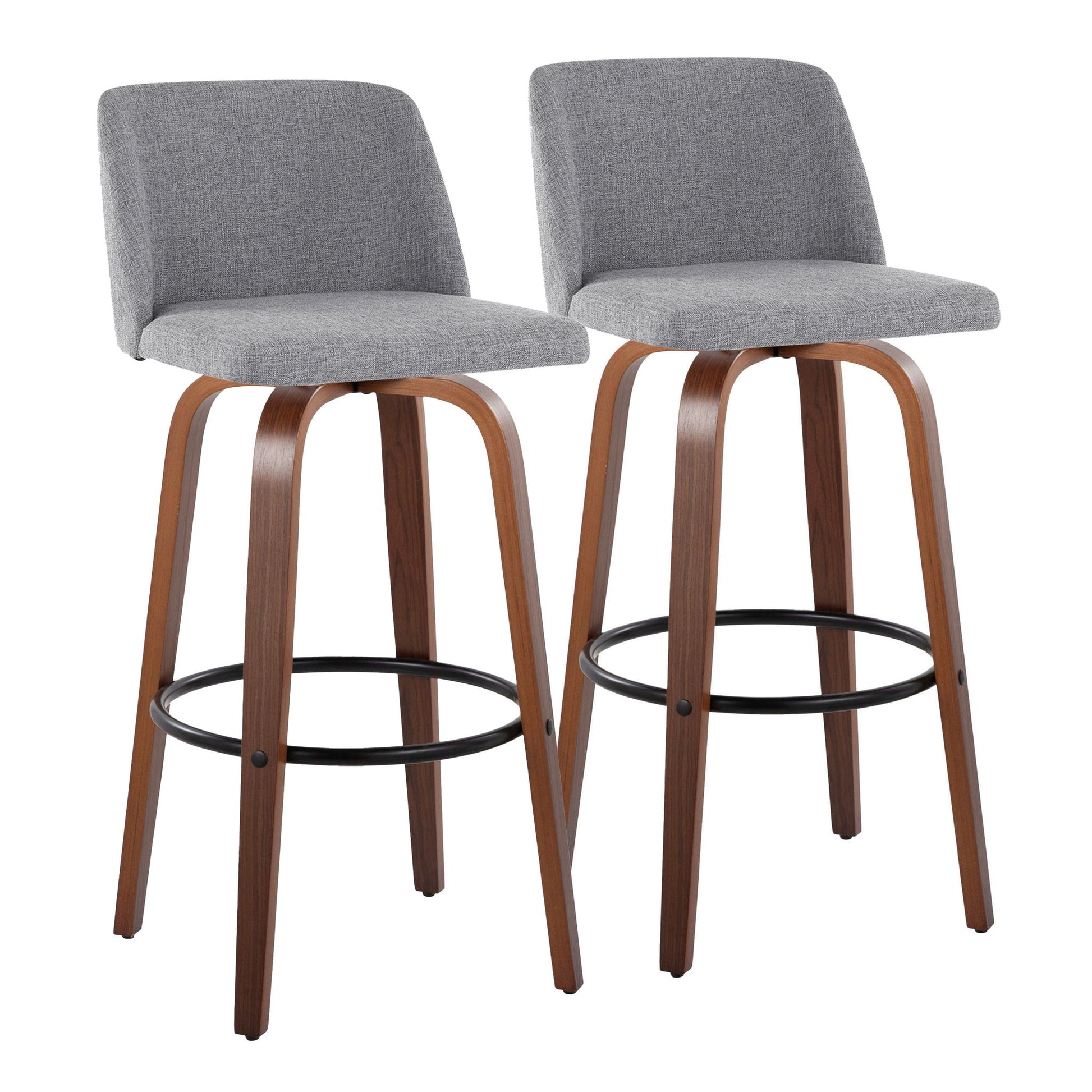 The Toriano Mid Century Modern Barstool set includes two stools with light gray cushioned seats and backs, curved wooden legs, swivel function, and black round footrests, shown on a white background.