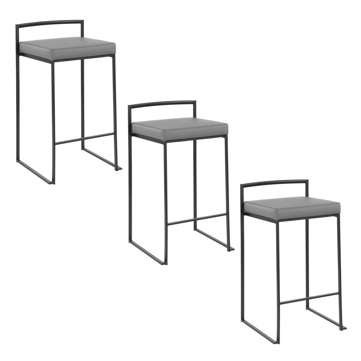 Three Fuji Contemporary Style Stackable Counter Stools with slim black metal frames and square gray cushioned seats, displayed at different heights against a white background.