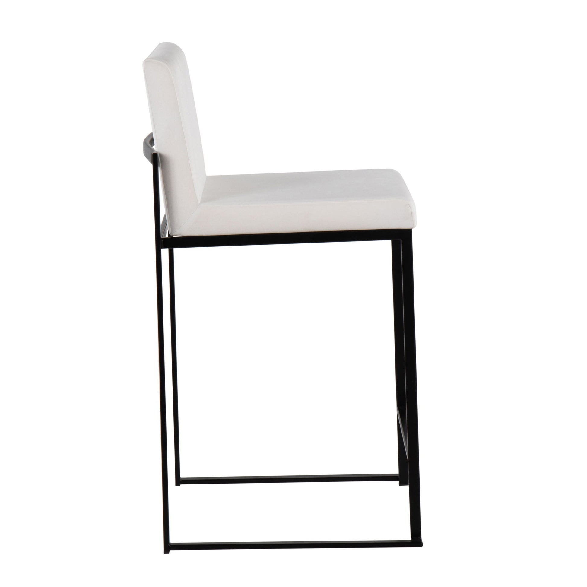 Side view of the Fuji - Contemporary Modern Elegance High Back Counter Stool, featuring a white cushioned seat and backrest with a minimalist black metal frame.