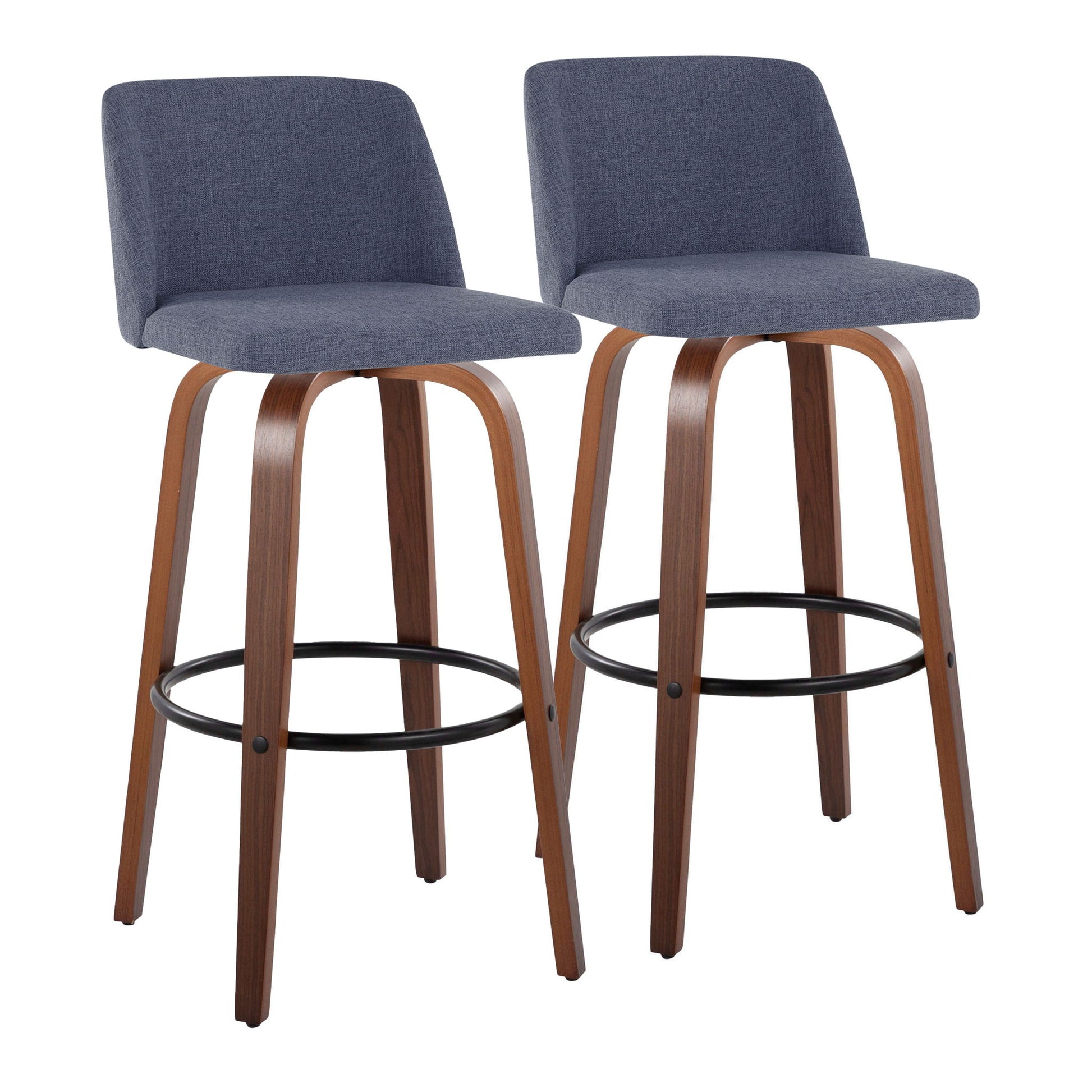 The Toriano Mid Century Modern Barstool set features two stools with curved wooden legs, round black footrests, and blue-gray upholstered seats and backrests, shown side by side against a white background.