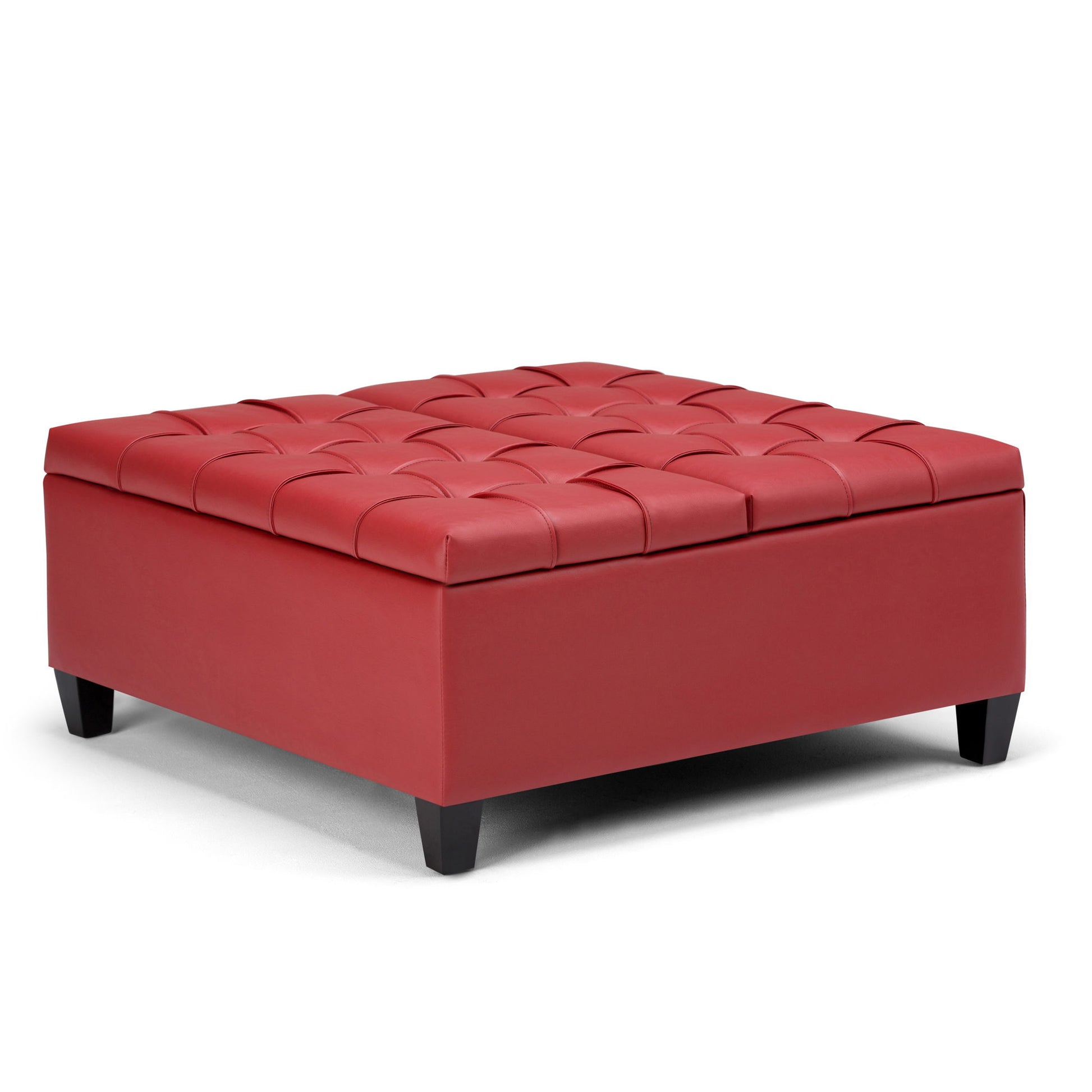 The Harrison Upholstered Coffee Table Storage Ottoman is a square, red tufted ottoman with short black legs and leather or faux leather upholstery, shown on a white background.