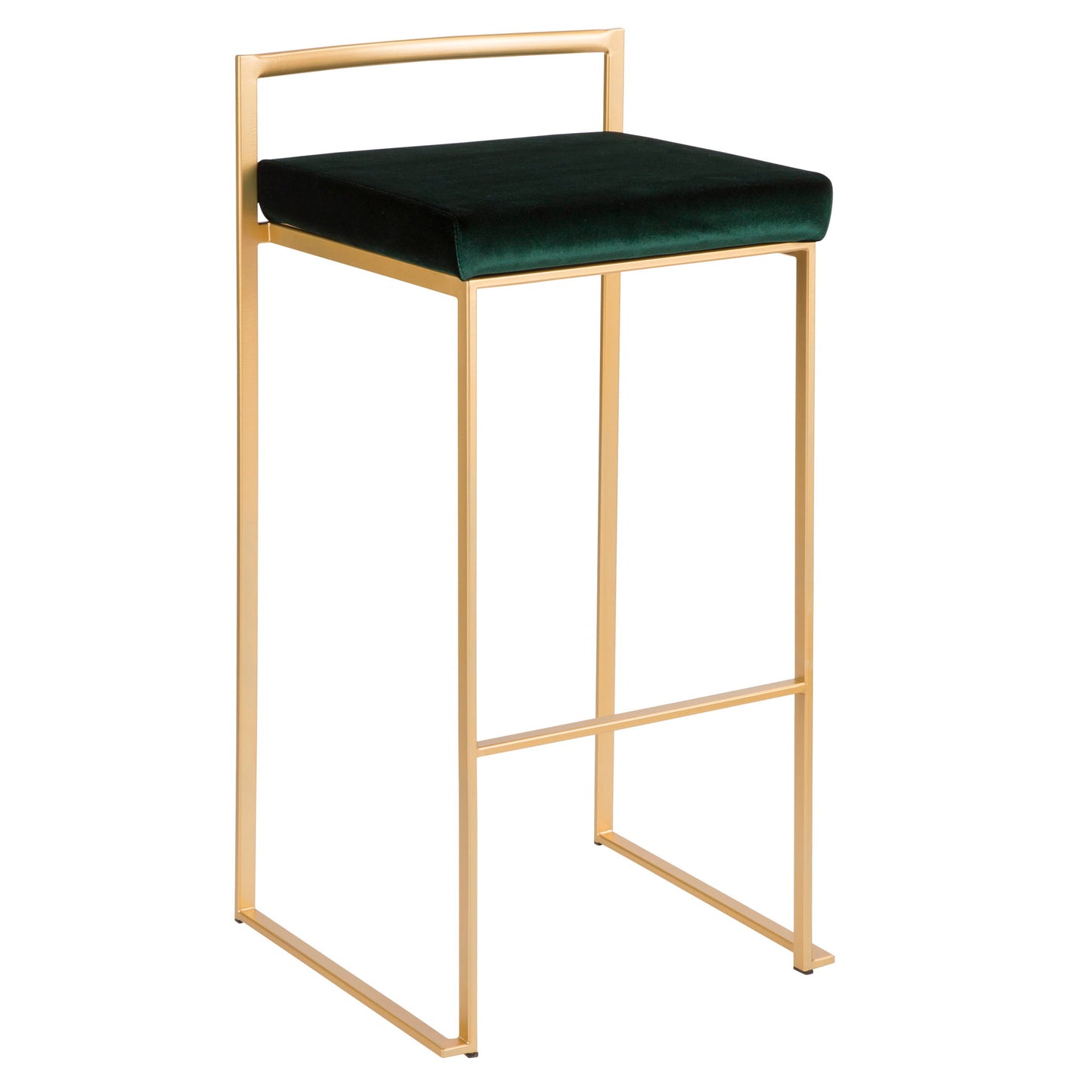 The Fuji barstool features a gold metal frame, rectangular backrest, and thick dark green velvet seat cushion. Its contemporary, glam design is minimalist with clean lines and quality construction.