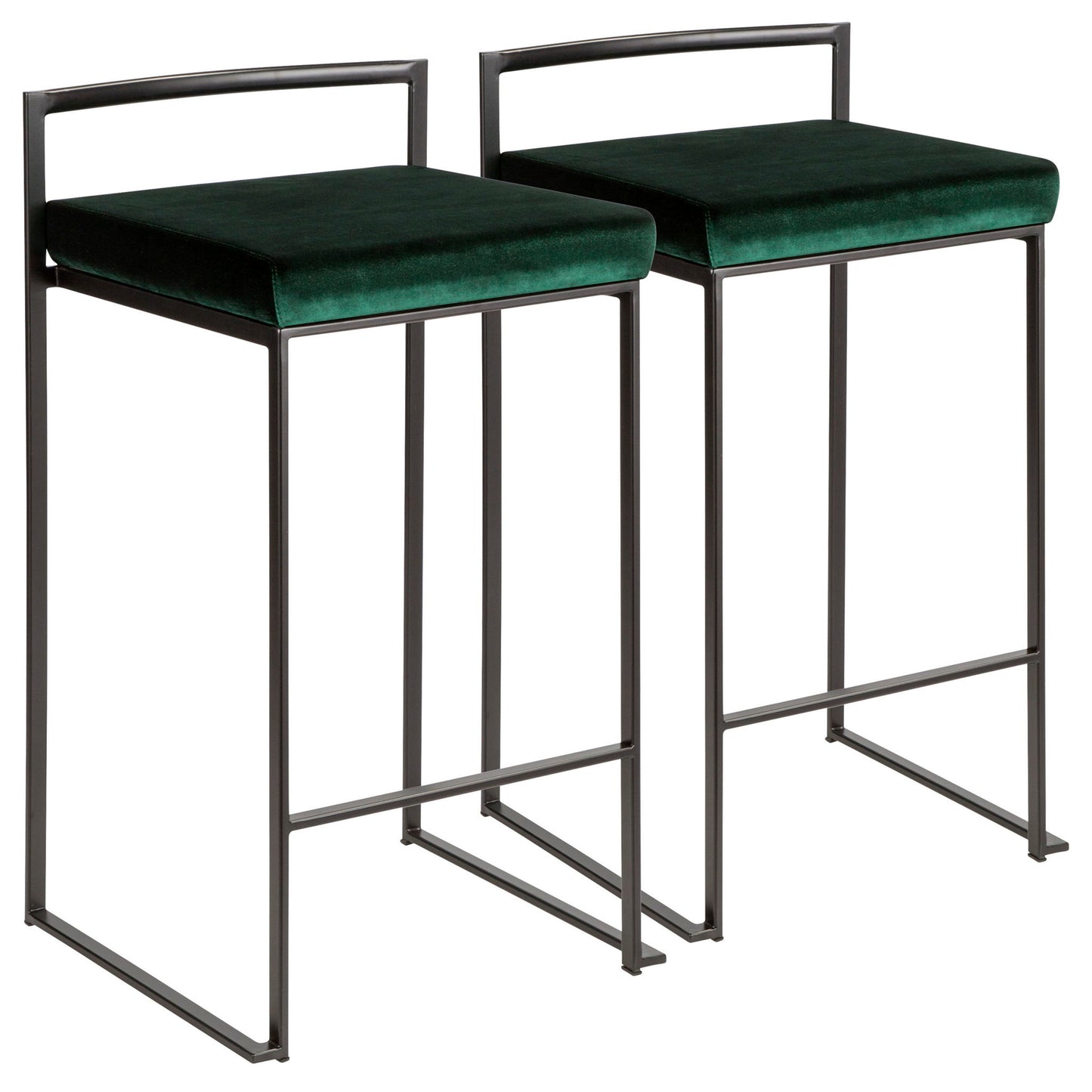 The Fuji Contemporary Style Stackable Counter Stool features a sleek black metal frame, square dark green velvet cushion, minimalist backrest, angular legs, and a convenient footrest bar.