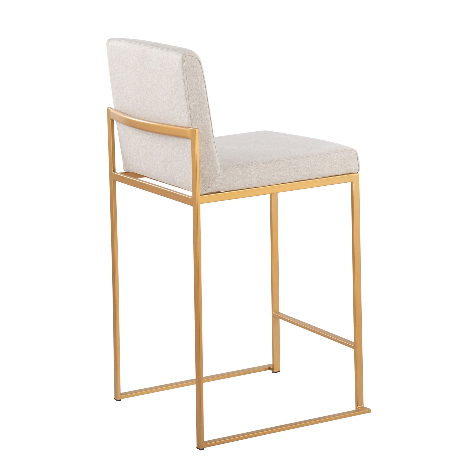 The Fuji Contemporary High Back Stylish Counter Stool features a gold metal frame with light beige upholstery on the seat and backrest, displayed at an angle against a white background.