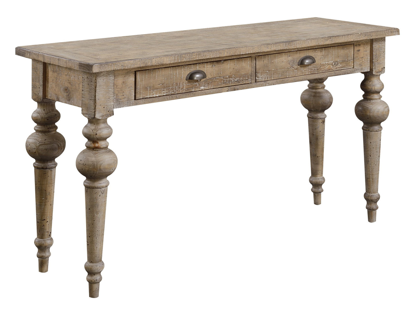 The Ludin - Table is a rustic wooden console with two small drawers with metal handles and four turned legs, shown against a white background.