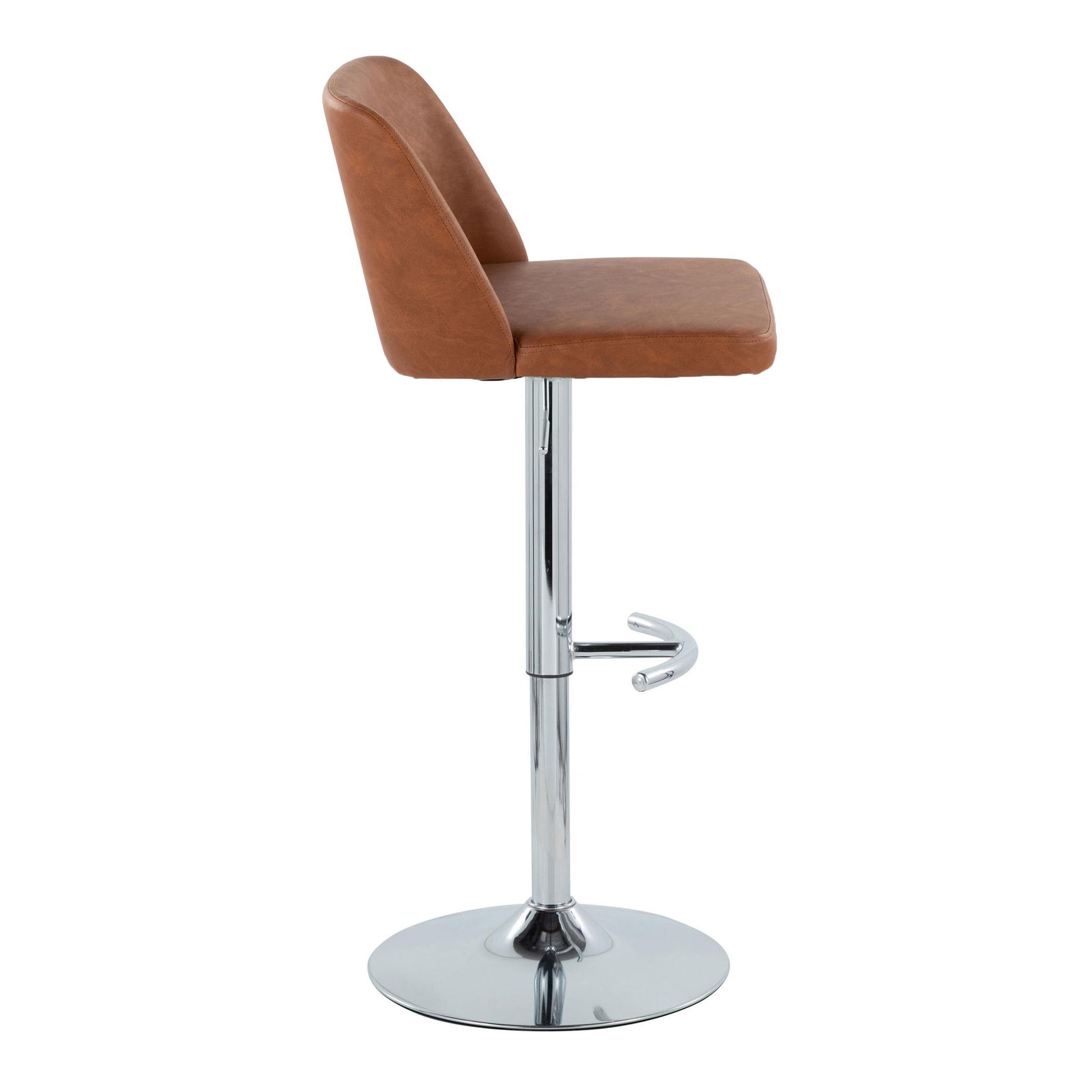 The Toriano Contemporary Adjustable Barstool (Set of 2) features swivel action, brown cushioned seat and backrest, a shiny chrome pedestal base, and a distinctive rounded T footrest—shown here in a side view.