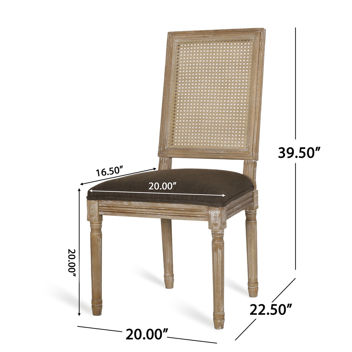 The French Country Dining Chair features a rectangular cane backrest, smooth upholstered seat, and carved wooden legs. Dimensions: seat height 20", width 20", depth 16.5"; chair depth 22.5", overall height 39.5".