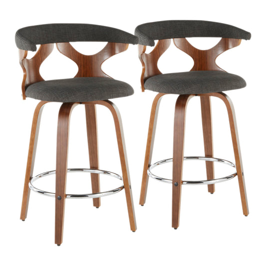 The Gardenia Mid Century Modern Counter Stool (Set of 2) features curved wooden frames, dark upholstered seats and backs, chrome footrests, and a unique cut-out backrest design. Set against a white background.