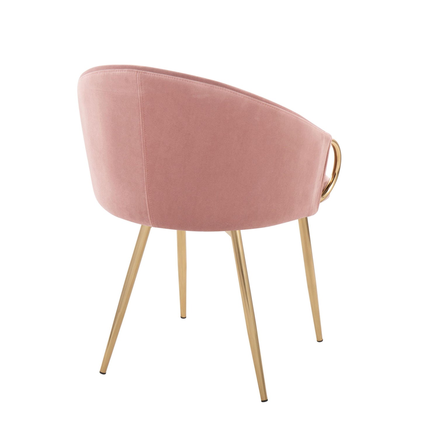 The Claire - Contemporary Glam Chair features a curved blush pink upholstered backrest, gold metal legs, and a decorative gold ring handle on the back, shown here from an angled rear view.