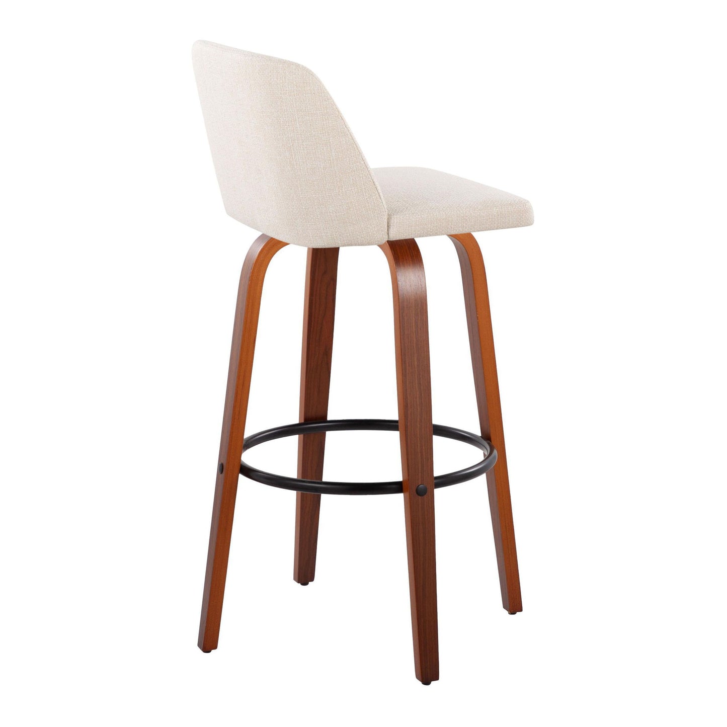 The Toriano Mid Century Modern Fixed Height Barstool (Set of 2) features cushioned light beige fabric seats and backrests, curved wooden legs, and a round black metal footrest for stylish comfort.