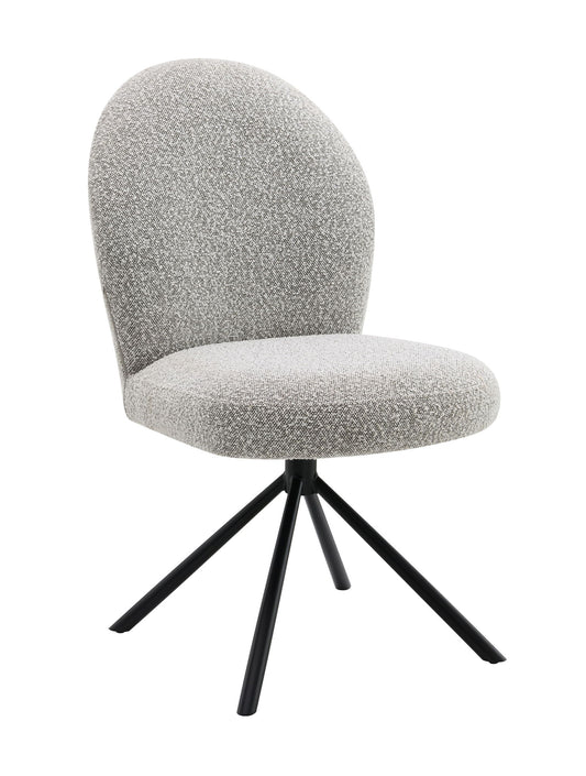 The Lawton Boucle Side Chair Set includes two modern gray upholstered chairs with rounded backs and seats, featuring four slender black metal legs splayed outward and a convenient swivel function.
