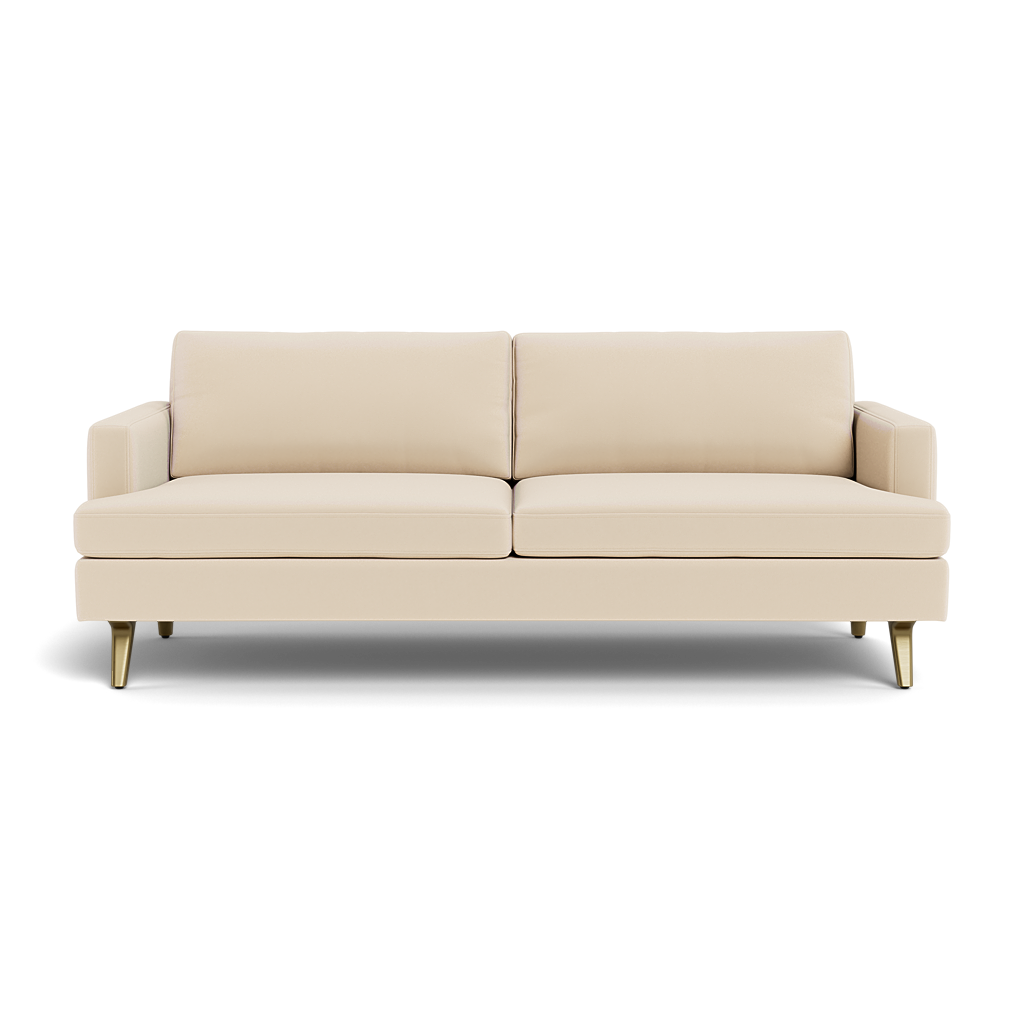 The Lido Sofa 75" is a modern beige sofa with two seat cushions, two back cushions, armrests on both sides, and gold-colored legs, viewed from the front against a plain background.