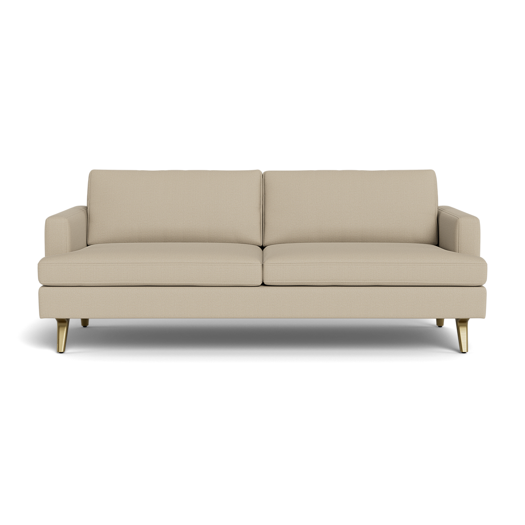 The Lido Sofa 75" is a modern beige sofa featuring two seat cushions, two back cushions, short armrests, and gold-colored angled legs, all set against a plain black background.