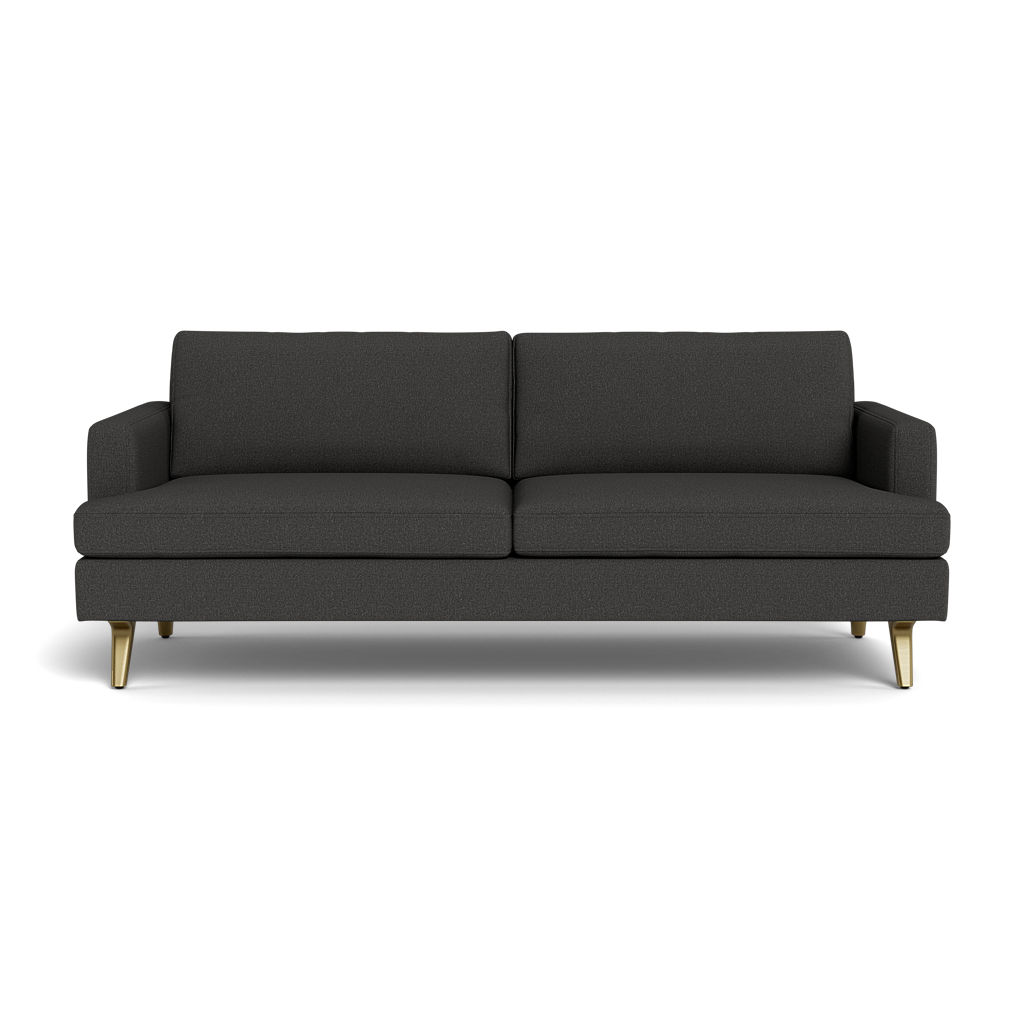 The Lido Sofa 75" features a modern dark gray design with two seat cushions, two back cushions, straight armrests, and four tapered gold legs, displayed against a black background.