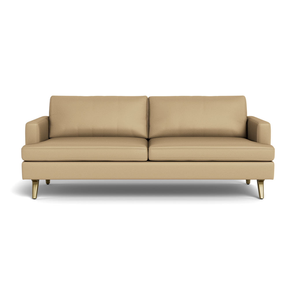 The Lido Sofa 75" is a modern beige sofa featuring two large seat cushions, two backrest cushions, narrow armrests, and four gold legs, shown from the front against a plain background.