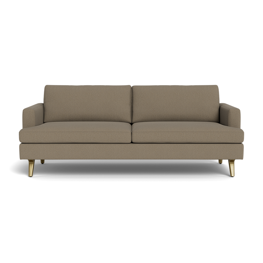 The Lido Sofa 75" is a modern, light brown sofa with clean lines, two seat and back cushions, and slim, angled gold-colored legs, shown from the front against a plain black background.